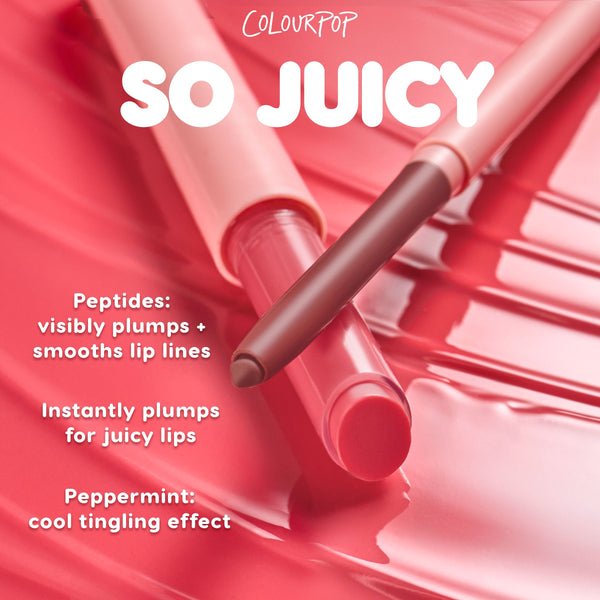 Lush Pout, a ColourPop So Juicy Plumping Gloss Balm with Peptides, shown as a twist-up crayon with a rosy-mauve tip resting on a shiny pink swatch, highlighting peptide plumping, line-smoothing, and a peppermint cooling tingle.