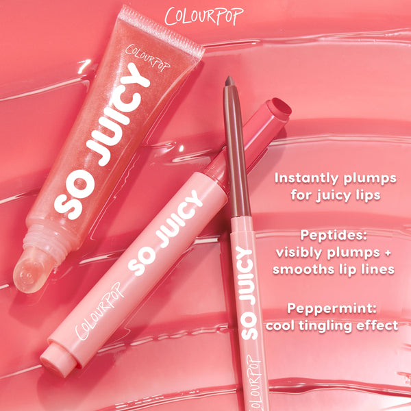 Glazed Pout So Juicy Plumping Lip Liner & Balm Set from Colourpop, featuring a shimmery pink gloss tube and matching liner on a glossy pink background with text touting peptides, peppermint, and instantly plumped juicy lips, part of Best of NLD collection.