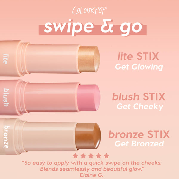 Molten Hot ColourPop Lite Stix highlighter shown uncapped in a twist-up tube with warm champagne-gold shimmer, ready to swipe; set on a peach gradient beside blush and bronze Stix for a quick, on-the-go glow.