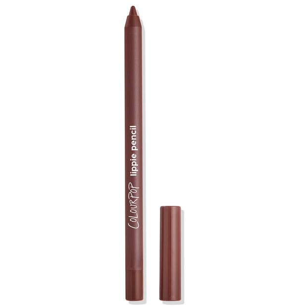 CTRL ColourPop Lippie Pencil standing upright with cap off, revealing a sharpened deep brown tip; brown barrel labeled ColourPop lippie pencil, cap beside on a white background for precise lip lining and definition.