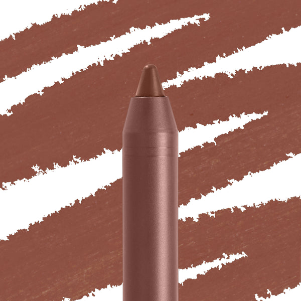 Chain Reaction ColourPop Lippie Pencil with a sharpened tip in a warm brown‑nude shade, shown upright as wide diagonal swatches of the same color streak across a white backdrop, emphasizing the creamy texture for precise lip lining.