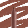 Chain Reaction ColourPop Lippie Pencil with a sharpened tip in a warm brown‑nude shade, shown upright as wide diagonal swatches of the same color streak across a white backdrop, emphasizing the creamy texture for precise lip lining.