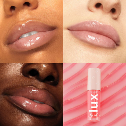 Glossy lips showcase Cherry Bite Lux Lip Oil across multiple skin tones, while the ColourPop Lux Lip Oil tube rests on a wavy pink backdrop in a four-panel grid, highlighting sheer pink tint and high-shine finish.