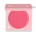 Cherry Blossom ColourPop Cream Blush compact, shown half-closed, reveals a round pan of vibrant cherry pink cream set in a pink square case with star accents and ColourPop logo on a clean white background.