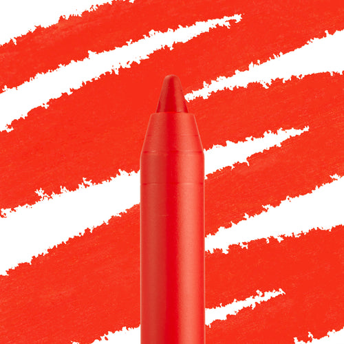 ColourPop Lippie Pencil in Chi Chi draws bold orange-red swatches, its creamy sharpenable tip shown in macro against a white background, showcasing precise lip liner control and vibrant matte color for long wear.