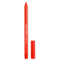 Chi Chi ColourPop Lippie Pencil stands uncapped with the glossy red cap beside it, revealing a bright orange-red lip liner tip on a clean white background.