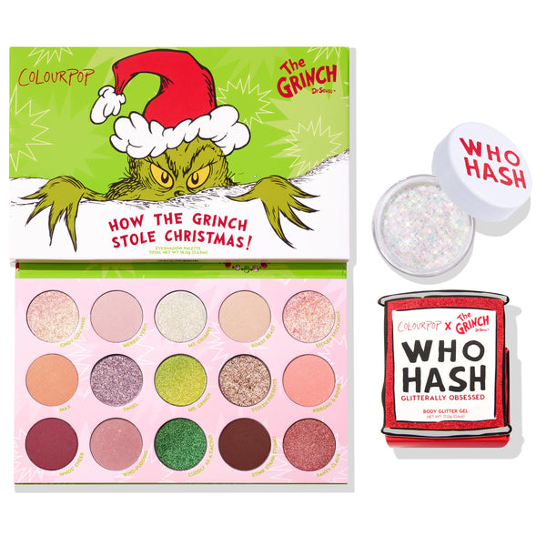 ColourPop Grinch Glam Shadow Palette + Glitter Gel shown open - 15-pan holiday eyeshadow in pinks, greens, golds, and berry tones with shimmers and mattes, paired with iridescent Who Hash glitter gel - on a white background with The Grinch artwork on the lid.