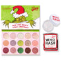 ColourPop Grinch Glam Shadow Palette + Glitter Gel shown open - 15-pan holiday eyeshadow in pinks, greens, golds, and berry tones with shimmers and mattes, paired with iridescent Who Hash glitter gel - on a white background with The Grinch artwork on the lid.