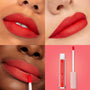 Clock Out ColourPop Ultra Matte Lip paints lips a vibrant red-orange with a flat matte finish, shown on three skin tones in close-up as a doe-foot applicator applies color and the liquid lipstick tube sits on a pink background.