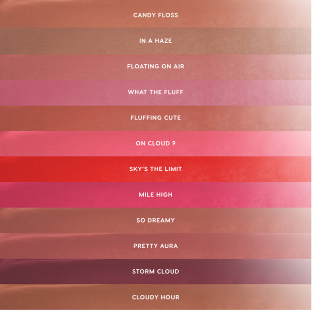 Cloud Kissed Full Collection Set of Cloud Whip blurring liquid lipstick shown as stacked horizontal swatches in nude, pink, coral, and berry shades, each labeled with shade names from Candy Floss to Cloudy Hour on a clean gradient background.