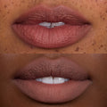 Close-up of two models’ lips wearing Cloudy Hour Cloud Whip Blurring Liquid Lipstick, showing a smooth, soft-matte nude finish with blurred edges and full coverage on different skin tones.