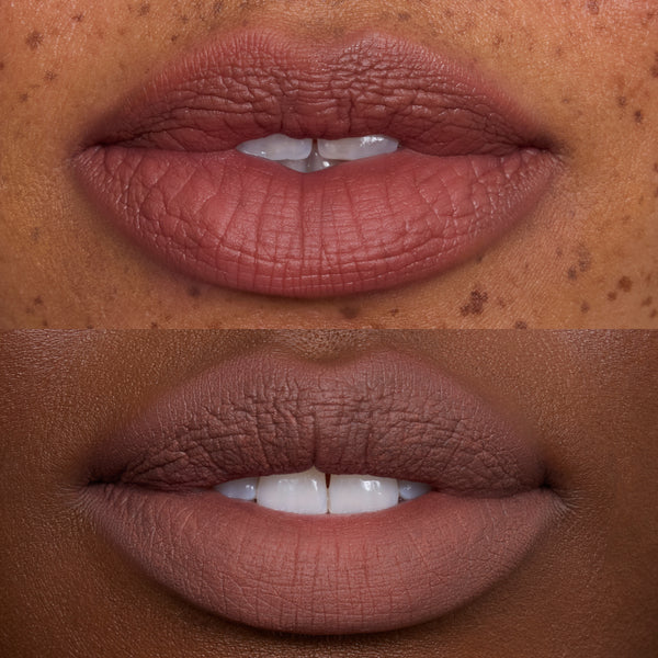 Close-up of two models’ lips wearing Cloudy Hour Cloud Whip Blurring Liquid Lipstick, showing a smooth, soft-matte nude finish with blurred edges and full coverage on different skin tones.