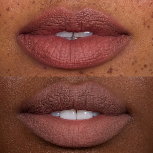 Close-up of two models’ lips wearing Cloudy Hour Cloud Whip Blurring Liquid Lipstick, showing a smooth, soft-matte nude finish with blurred edges and full coverage on different skin tones.