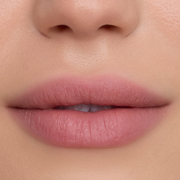 Close-up of smooth, softly blurred lips wearing Floating on Air Cloud Whip Blurring Liquid Lipstick, showing a velvety pink-nude finish and airbrushed texture against natural, even-toned skin, highlighting the lightweight Cloud Whip formula.