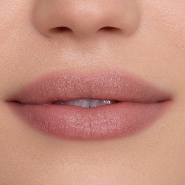 Close-up of a model’s lips wearing In a Haze Cloud Whip Blurring Liquid Lipstick, showing a soft matte nude-pink finish with smooth, blurred edges against natural, even-toned skin, highlighting the lightweight Cloud Whip texture.
