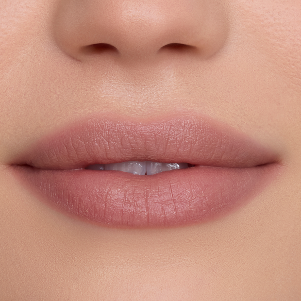 Close-up of a model’s lips wearing In a Haze Cloud Whip Blurring Liquid Lipstick, showing a soft matte nude-pink finish with smooth, blurred edges against natural, even-toned skin, highlighting the lightweight Cloud Whip texture.