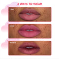 Model’s lips show three ways to wear Cloud Crushin lip trio value set—soft blurred pink, full bold pink, and deeper ombré pink—on freckled medium skin, demonstrating versatile finishes of the Cloud Crushin liquid lipstick kit.