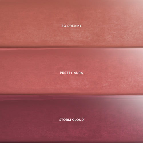 Cloud Crushin lip trio swatches showing three CloudWhip Blurring Liquid Lipstick shades—warm nude So Dreamy, rosy mauve Pretty Aura, and deep berry Storm Cloud—stacked in horizontal bars on a soft gradient background, ideal for makeup value sets shoppers.