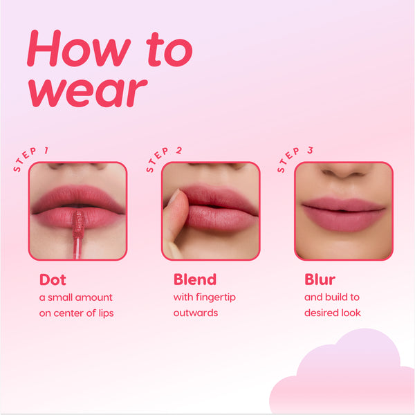 Tutorial graphic shows three close-up steps for applying Cloud Crushin lip trio: dot liquid lipstick on center of lips, blend outward with fingertip, then blur for a soft-focus finish, promoting Cloud Crushin Value Sets on a pink gradient background.