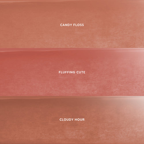 Heavenly Nudes lip trio swatches showing three liquid lipstick shades in a horizontal grid—peachy nude Candy Floss, rosy nude Fluffing Cute, and warm beige Cloudy Hour—promoting the CloudWhip Blurring Liquid Lipstick value sets for US shoppers.