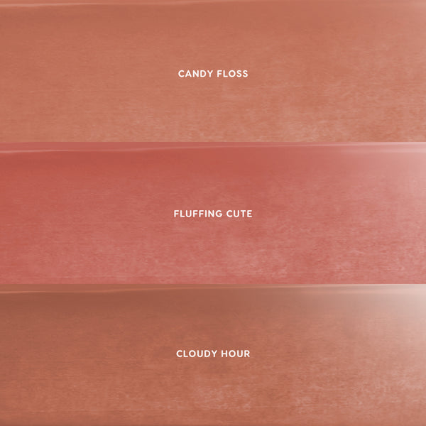 Heavenly Nudes lip trio swatches showing three liquid lipstick shades in a horizontal grid—peachy nude Candy Floss, rosy nude Fluffing Cute, and warm beige Cloudy Hour—promoting the CloudWhip Blurring Liquid Lipstick value sets for US shoppers.