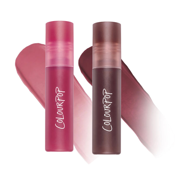 ColourPop Mocha Plum Lip Ombre Duo value set featuring two Cloud Whip blurring liquid lipsticks in rosy pink and deep plum shades, standing upright over matching swipe swatches on a white background.