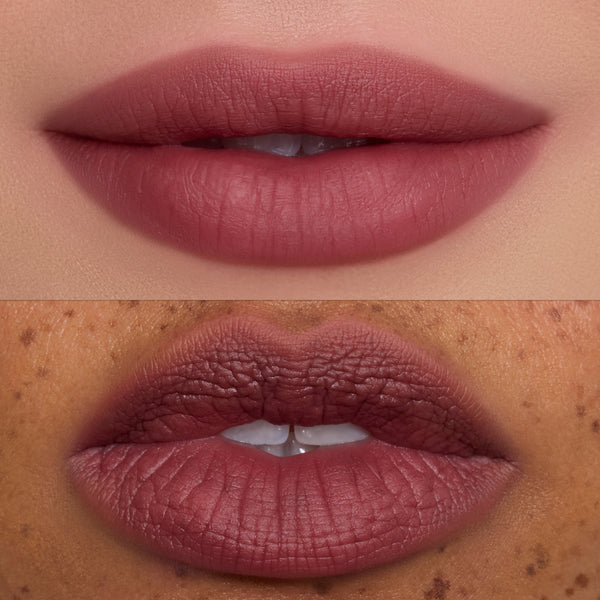 Two close-up lip shots wearing Mocha Plum Lip Ombre Duo, showing blurred matte mauve color on different skin tones, highlighting smooth, soft-focus finish and full-coverage payoff for beauty makeup value sets shoppers.
