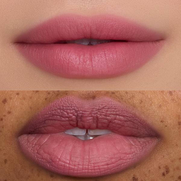 Close-up of two models’ lips wearing the Mocha Plum Lip Ombre Duo, showing a soft blurred pink-plum finish on different skin tones, highlighting the lipstick’s smooth texture and color payoff for beauty Value Sets shoppers.