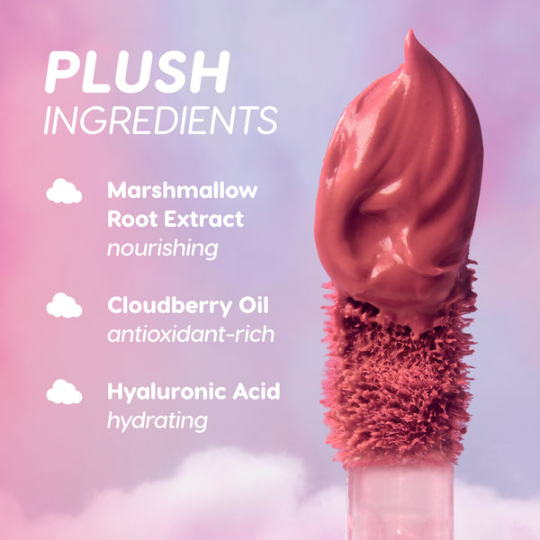Cloud Kissed full collection set Cloud Whip liquid lipstick wand swirls rich rosy pigment against a dreamy pink-purple cloud background, highlighting plush ingredients marshmallow root extract, cloudberry oil, and hyaluronic acid benefits.
