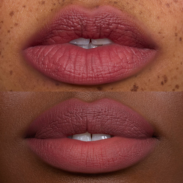 Close-up of two models’ lips wearing Petal Cloud Lip Ombre Duo, showing a soft rose-mauve ombré finish on different skin tones, highlighting the smooth, blurred effect of this liquid lipstick from makeup Value Sets.