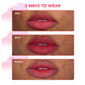 Close-up of lips wearing Sky’s the Limit Cloud Whip Blurring Liquid Lipstick in three looks—Blur, Bold, and Ombre—showing soft matte pink coverage and gradient effects against freckled skin with text reading “3 Ways to Wear.”