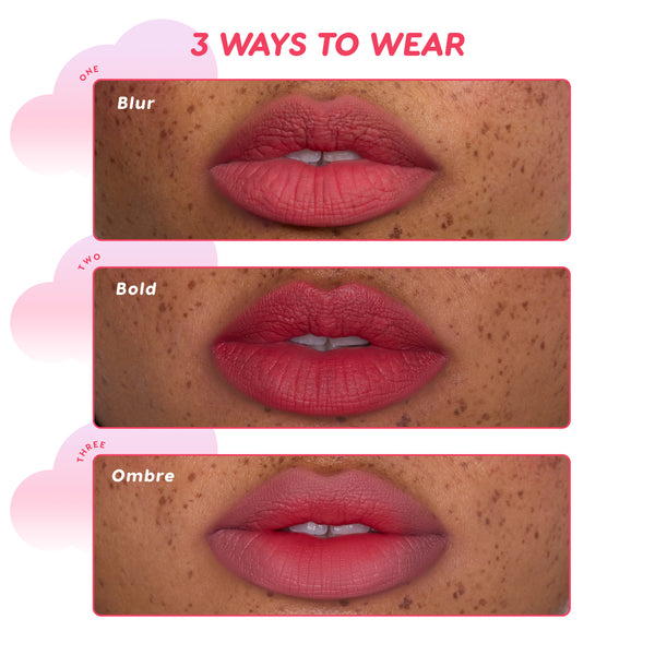 Close-up of lips wearing Sky’s the Limit Cloud Whip Blurring Liquid Lipstick in three looks—Blur, Bold, and Ombre—showing soft matte pink coverage and gradient effects against freckled skin with text reading “3 Ways to Wear.”