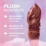 Petal Plush Lip Trio doe-foot applicator swirls whipped nude-pink liquid lipstick against a dreamy pink and purple cloud background, highlighting plush ingredients—marshmallow root extract, cloudberry oil, and hyaluronic acid—for hydrating value sets shoppers.