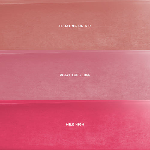 Petal Plush lip trio value set swatches showing three CloudWhip Blurring Liquid Lipstick shades—Floating on Air (nude rose), What the Fluff (soft pink), and Mile High (bright berry)—stacked in horizontal bars on a clean pink background.