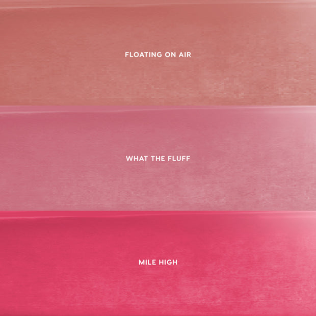 Petal Plush lip trio value set swatches showing three CloudWhip Blurring Liquid Lipstick shades—Floating on Air (nude rose), What the Fluff (soft pink), and Mile High (bright berry)—stacked in horizontal bars on a clean pink background.