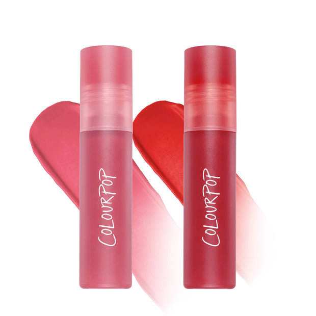 ColourPop Sunset Smooch Lip Ombre Duo shown as two frosted tubes in pink and red with matching swatches behind them, highlighting the gradient lip look and value sets appeal for US makeup lovers.