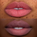 Close-up of two models’ lips wearing the Sunset Smooch Lip Ombre Duo, showing a soft blurred matte finish in warm rose and mauve shades, highlighting the ombre payoff of this CloudWhip blurring liquid lipstick value set on different skin tones.