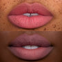 Close-up of two models’ lips wearing the Sunset Smooch Lip Ombre Duo, showing a soft blurred matte finish in warm rose and mauve shades, highlighting the ombre payoff of this CloudWhip blurring liquid lipstick value set on different skin tones.