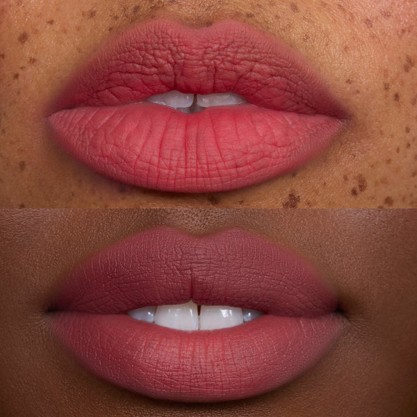 Two close-up lip shots wearing Sunset Smooch Lip Ombre Duo, showing a soft pink-to-rose ombre effect with a blurred matte finish on different skin tones, highlighting the lip kit’s flattering shades for beauty Value Sets shoppers.