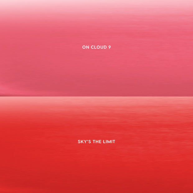 Sunset Smooch Lip Ombre Duo swatches showing gradient pink shade labeled “On Cloud 9” above vivid red shade labeled “Sky’s the Limit,” presented as a bold lipstick color grid for beauty Value Sets shoppers.