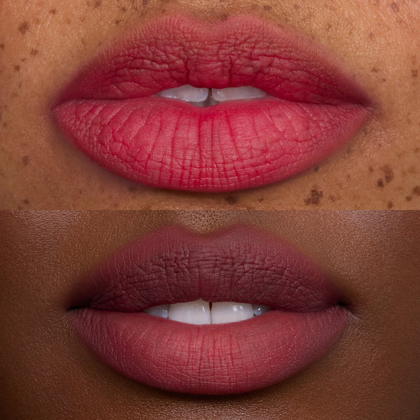 Two close-up lip swatches showcase Mile High Cloud Whip Blurring Liquid Lipstick, with a soft matte, airbrushed finish and rich mauve-rose color on different skin tones, highlighting the Cloud Whip formula’s smooth, blurred effect for US makeup lovers.