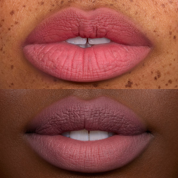 Two close-up lip shots showcase On Cloud 9 Cloud Whip Blurring Liquid Lipstick, with a soft matte pink-mauve finish smoothing lip texture on different skin tones against a clean studio background.