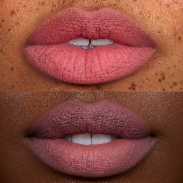 Two close-up lip shots showcase On Cloud 9 Cloud Whip Blurring Liquid Lipstick, with a soft matte pink-mauve finish smoothing lip texture on different skin tones against a clean studio background.