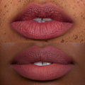 Close-up split-screen of two models’ lips wearing Pretty Aura Cloud Whip Blurring Liquid Lipstick, showing a soft matte pink-mauve Cloud Whip finish on different skin tones to highlight smooth, blurred color payoff.