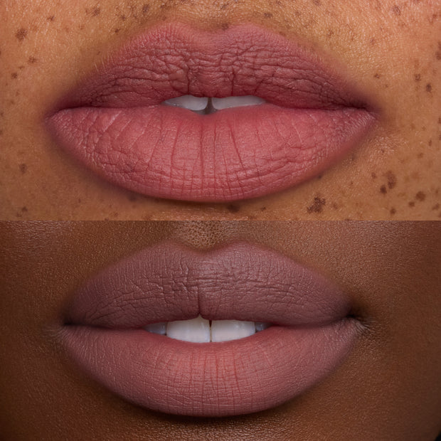 Two close-up lip shots wear So Dreamy Cloud Whip Blurring Liquid Lipstick, showing a soft matte mauve-pink color with a smooth blurred finish on different skin tones, highlighting Cloud Whip’s lightweight, whipped texture and even coverage.