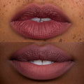 Close-up of two models’ lips wearing Storm Cloud Cloud Whip Blurring Liquid Lipstick, showing a smooth, soft-matte mauve finish on different skin tones for an even, blurred Cloud Whip lip look.