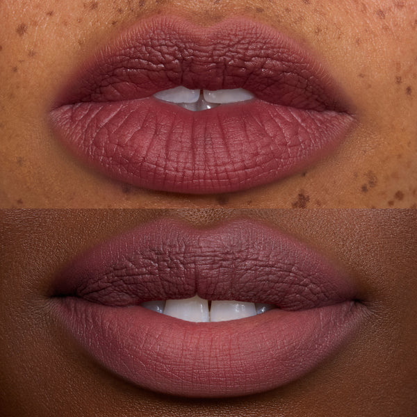 Close-up of two models’ lips wearing Storm Cloud Cloud Whip Blurring Liquid Lipstick, showing a smooth, soft-matte mauve finish on different skin tones for an even, blurred Cloud Whip lip look.