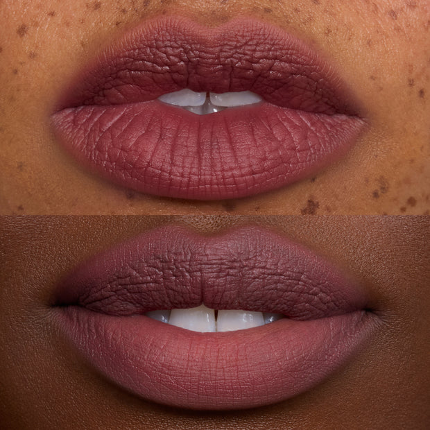 Close-up of two models’ lips wearing Storm Cloud Cloud Whip Blurring Liquid Lipstick, showing a smooth, soft-matte mauve finish on different skin tones for an even, blurred Cloud Whip lip look.