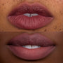 Close-up of two models’ lips wearing Storm Cloud Cloud Whip Blurring Liquid Lipstick, showing a smooth, soft-matte mauve finish on different skin tones for an even, blurred Cloud Whip lip look.