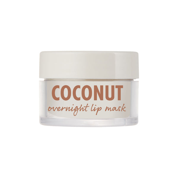 Clear jar of Coconut ColourPop Lip Mask with off-white cap, the label reading 'COCONUT overnight lip mask,' shown closed and upright, offering hydrating overnight treatment; minimal packaging isolated on a white background.